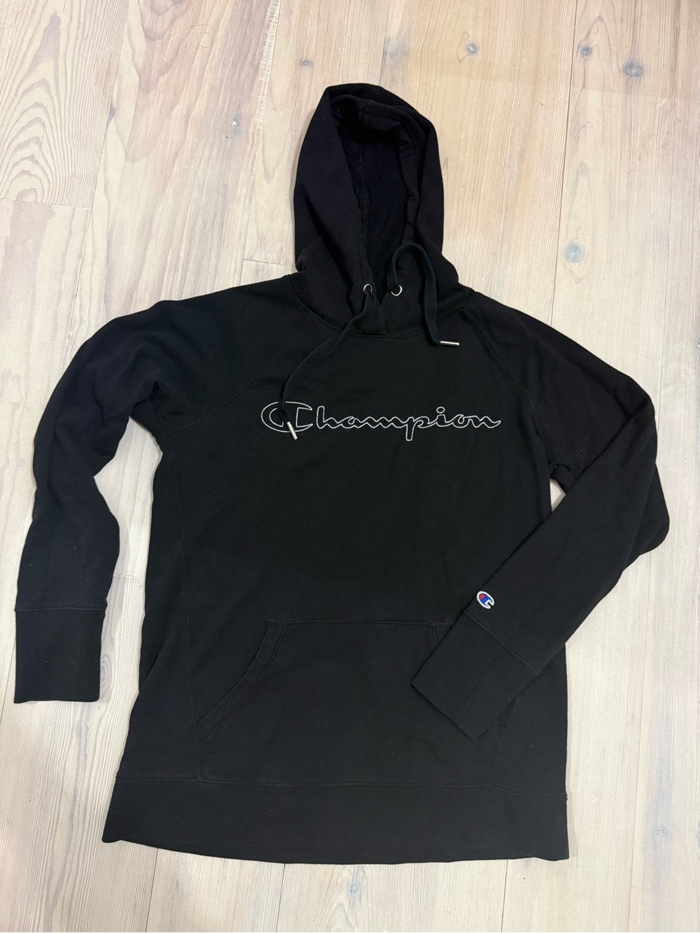 Champion Woman’s Black Hooded Sweatshirt with Script Logo